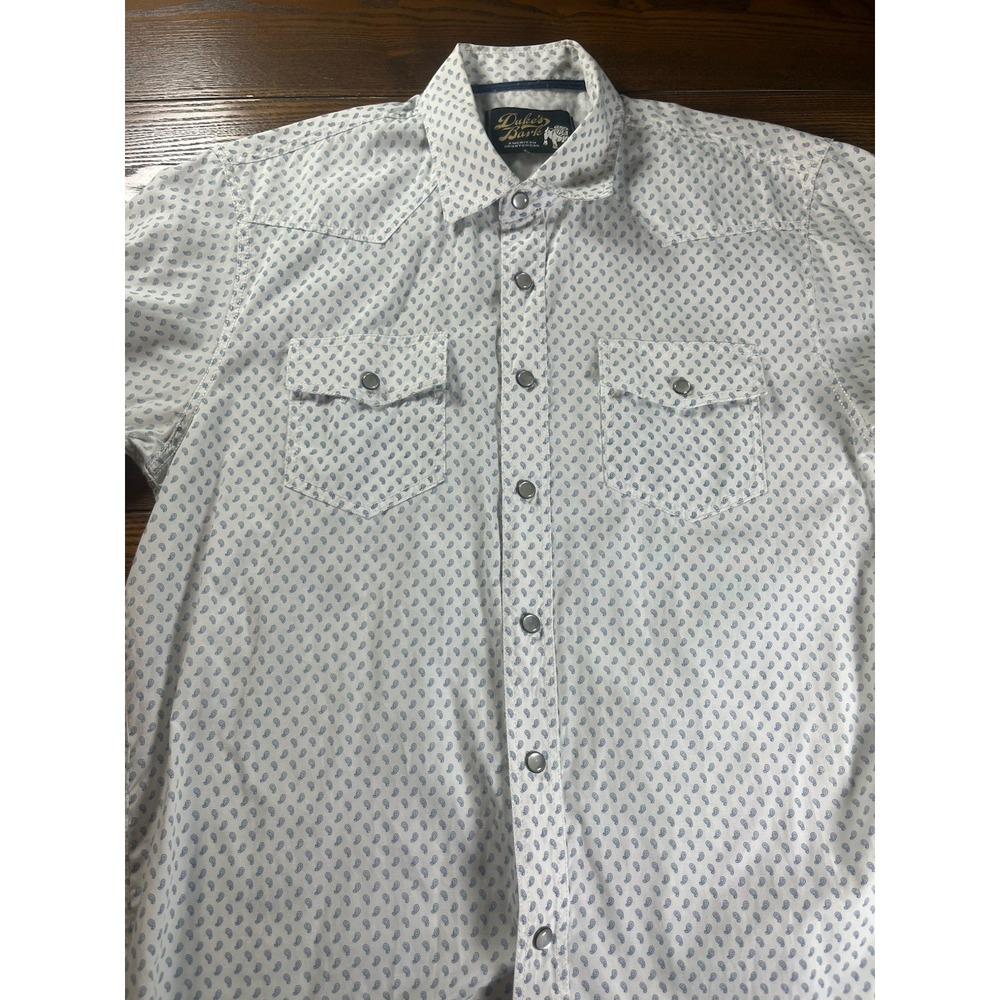 Dukes Bark Mens Western Pearl Snap Shirt White Blue Short Sleeve Size Medium